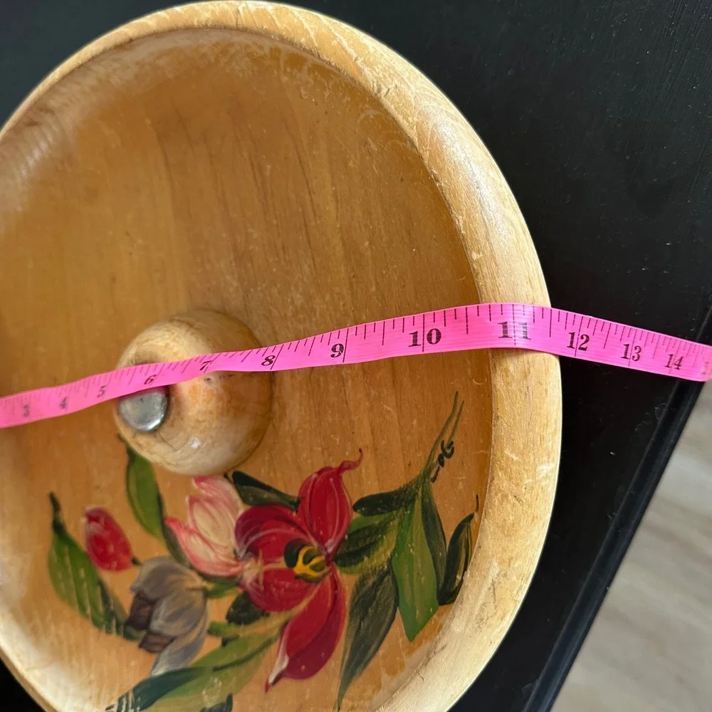 Vintage Hand Painted Wooden Footed Nut Bowl Canada Floral Folk Art 11